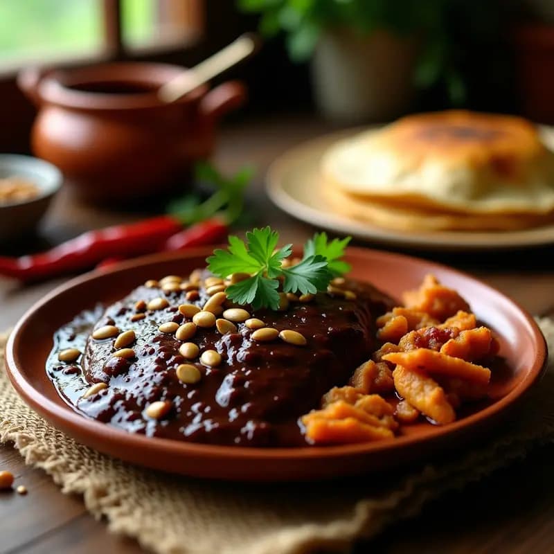 Olla de barro humeante con salsa de mole poblano espesa y brillante, de color café oscuro, decorada con semillas de calabaza y cilantro fresco. Acompañada de trozos de pollo bañados en la salsa, sobre un mantel rústico de tela.