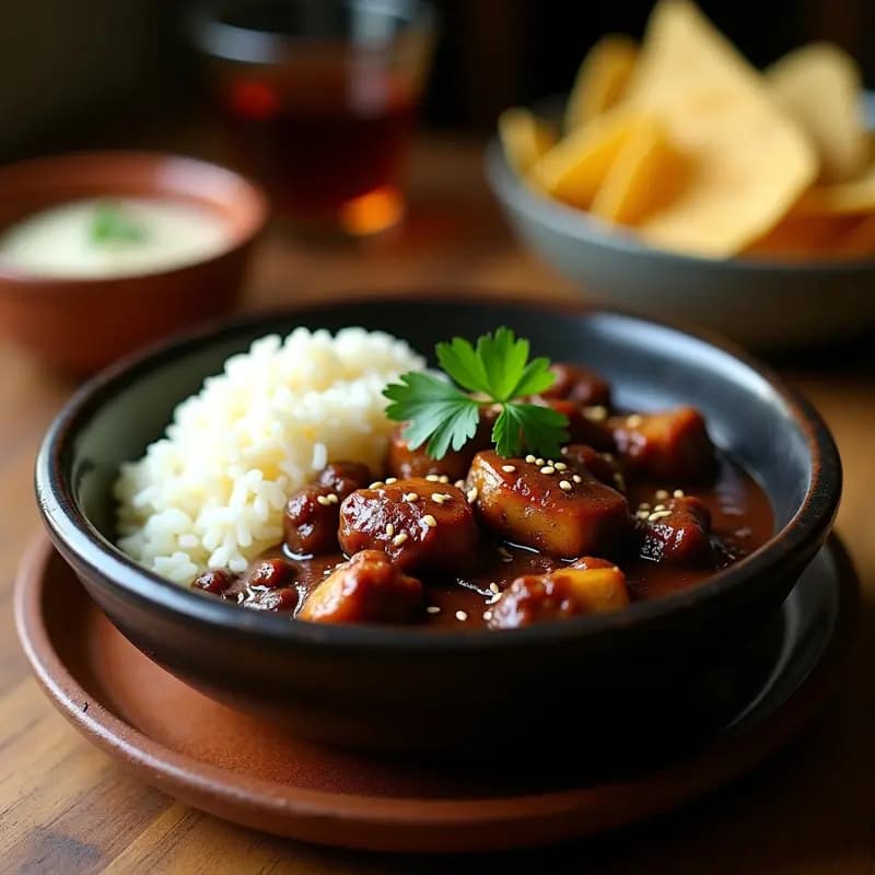 Plato hondo de barro negro con mole poblano espeso y brillante, cubierto de trozos de pollo dorado, decorado con semillas de sésamo y acompañado de arroz blanco y tortillas de maíz. La salsa muestra tonos oscuros con destellos del chocolate amargo, típica de la receta tradicional mexicana.