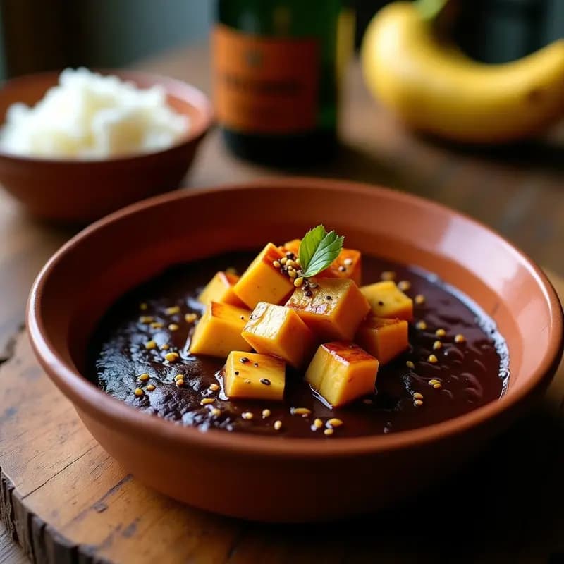 Plato hondo de barro con Mole Poblano Vegano de color negro intenso, cubierto con trozos de tofu dorado y bañado en un glaseado brillante de champagne de plátano. Acompañado de arroz blanco y decorado con semillas de sésamo tostadas y una rodaja de plátano macho caramelizado.