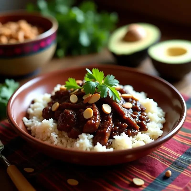 Plato hondo de barro con Mole Poblano Vegano con Jackfruit y Arroz: salsa oscura y espesa de mole cubriendo trozos de jackfruit desmenuzado, acompañado de arroz basmati blanco y decorado con almendras fileteadas y hojas de cilantro fresco.