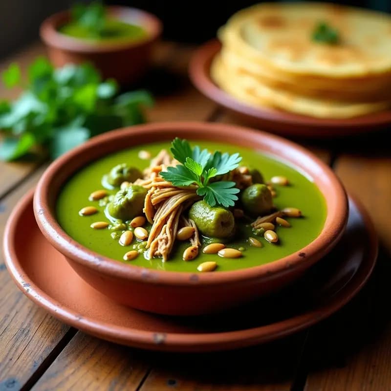Olla de barro humeante con mole verde espeso y brillante, lleno de pollo desmenuzado, decorado con semillas de calabaza tostadas y hojas de cilantro fresco, servido en un plato rústico de barro con tortillas de maíz al lado.