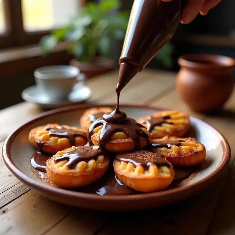Plato hondo de barro con moleras de pan tostado, churros dorados y crujientes bañados en chocolate espeso a la taza, espolvoreados con canela. Desayuno retro de los 80 al estilo chu wife.