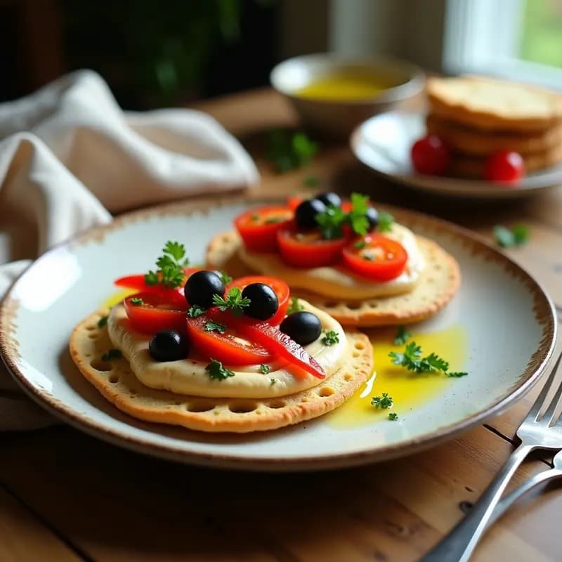Molletes de hummus y pimientos asados servidos en plato rústico de barro, con pan tostado dorado cubierto de cremoso hummus, tiras de pimiento rojo asado, tomates cherry, aceitunas negras y perejil fresco. Desayuno andaluz vegano y sin gluten con fondo de mesa de madera y aceite de oliva.