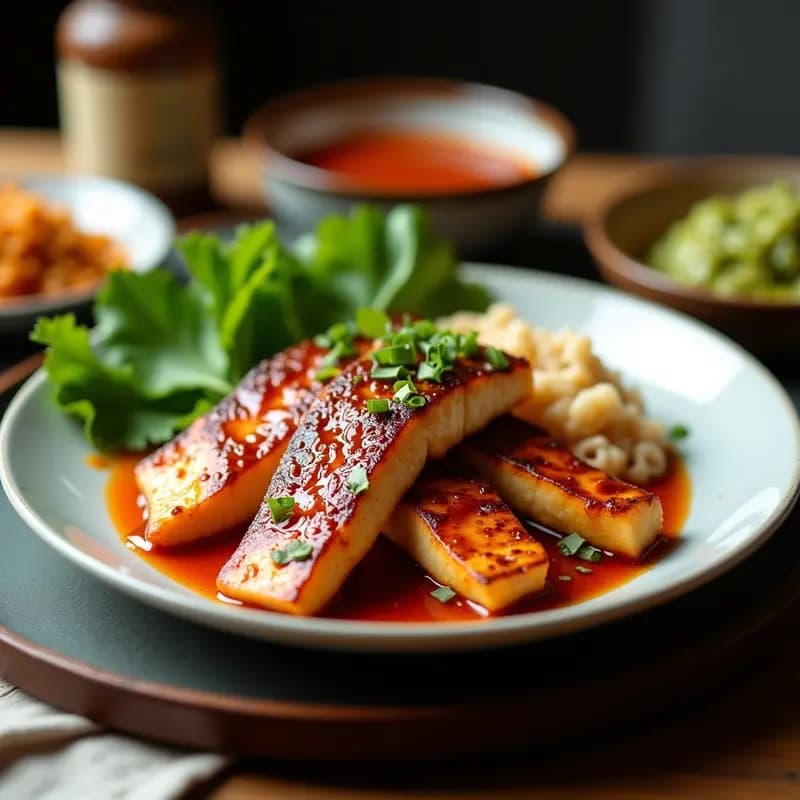 Plato de monchong a la parrilla con salsa de tamarindo y chile de árbol, decorado con cebolla morada, semillas de sésamo y cilantro fresco, receta coreana alta en proteína.
