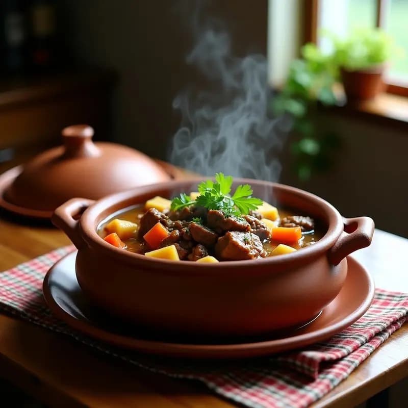 Olla de barro humeante con mondongo a la colombiana, callos tiernos en un caldo espeso con trozos de yuca, plátano verde y verduras, decorado con cilantro fresco y un chorrito de limón.