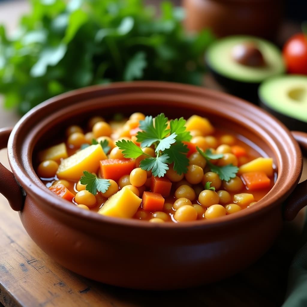 Olla de barro humeante con mondongo vegano de garbanzos y verduras, incluyendo trozos de yuca, zanahoria, papa criolla y garbanzos en un caldo dorado especiado, decorado con cilantro fresco. Plato típico colombiano reinventado en versión vegetal.