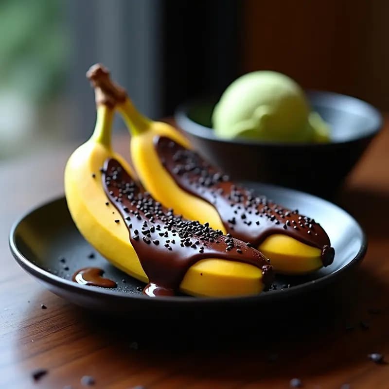 Mono Chocolate Banana servido en plato de cerámica negra: plátanos bañados en chocolate negro con sésamo, acompañados de helado de matcha verde y decoración de nori en copos.