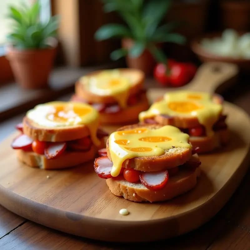 Montaditos de lomo con queso fundido y pimientos asados sobre pan tostado, servidos en una tabla de madera rústica con fondo de cocina tradicional andaluza.