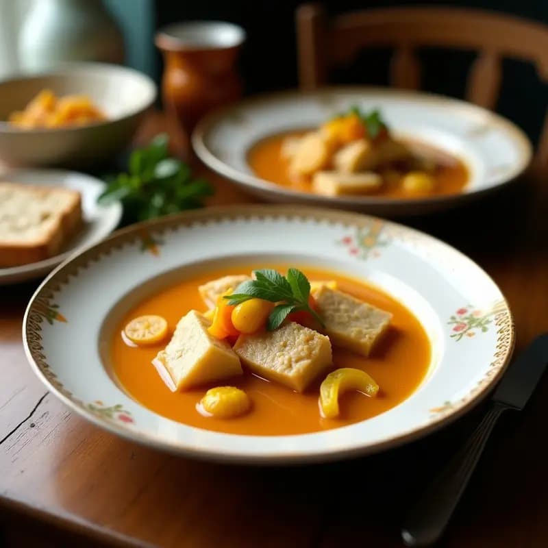 Cazuela de barro humeante con moqueca de peixe con leche de coco y pimientos amarillos, trozos de merluza en salsa cremosa amarilla, decorada con cilantro fresco y rodajas de limón, servida sobre una mesa de madera rústica.
