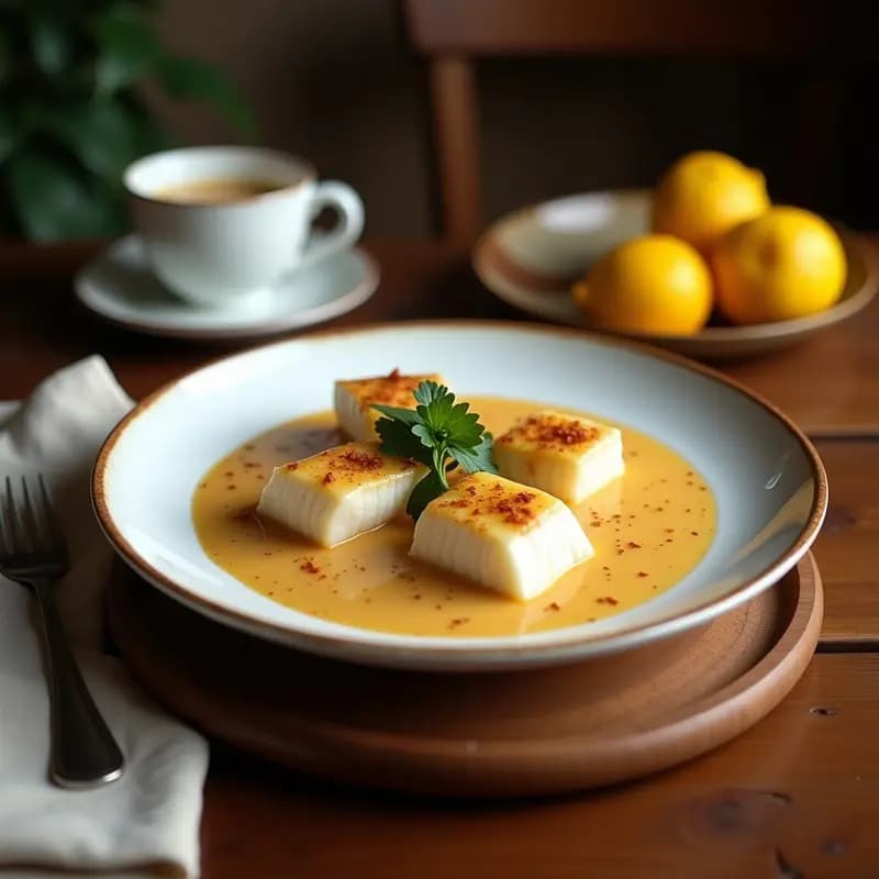 Cazuela de barro con moqueca brasilera de pescado blanco y leche de coco, baja en calorías, rodeada de rodajas de limón, cilantro fresco y pimientos rojos, sobre una mesa rústica de madera.