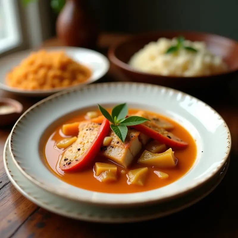 Cazuela de barro humeante con moqueca de pescado en salsa cremosa de leche de coco, pimientos rojos y verdes, tomates y cilantro fresco. Filetes de merluza intactos sumergidos en el caldo aromático, decorado con rodajas de lima.