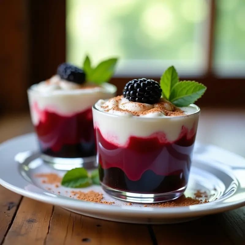 Copas transparentes con moras frescas y brillantes cubiertas de nata fresca líquida, espolvoreadas con azúcar glass y canela, decoradas con hojas de menta. Postre veraniego extremeño sencillo y refrescante.