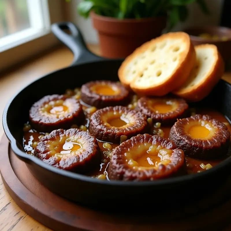 Sartén de hierro con rodajas doradas de morcilla de Burgos sobre un lecho de cebolla caramelizada brillante, acompañada de rebanadas de pan rústico tostado. Plato tradicional español de tapeo.