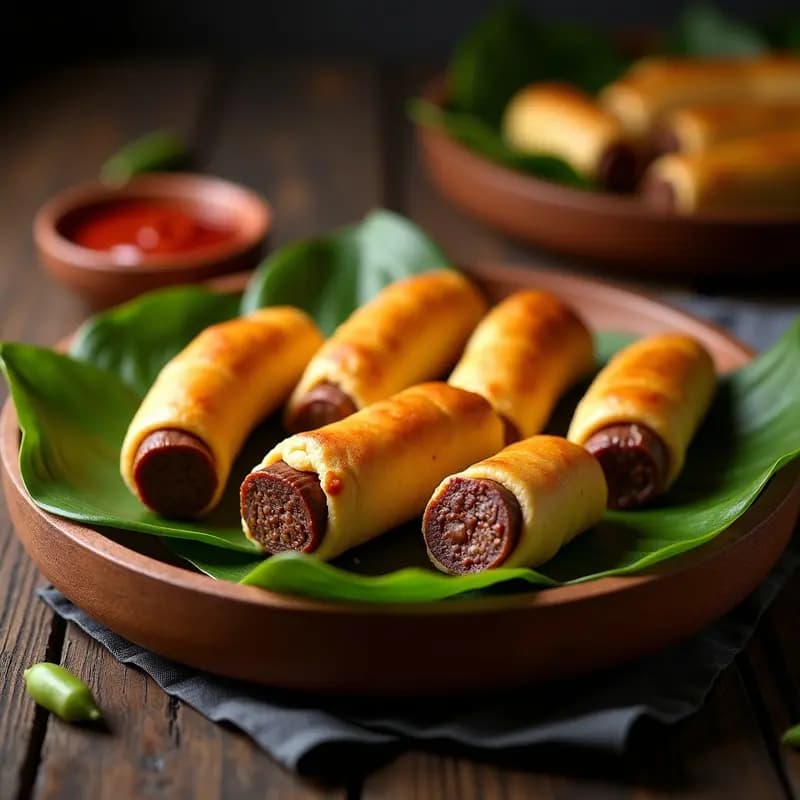Plato rústico con embutidos de morcilla envueltos en pan de yuca dorado, servidos sobre hojas de hierbabuena con un fondo de madera oscura, receta colombiana tradicional para desayuno.