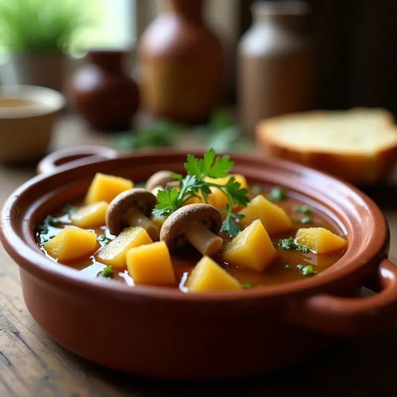 Cazuela de barro con morillas doradas y patatas a la riojana en salsa espesa, espolvoreadas con trufa silvestre rallada y perejil fresco. Plato humeante con fondo rústico de madera.