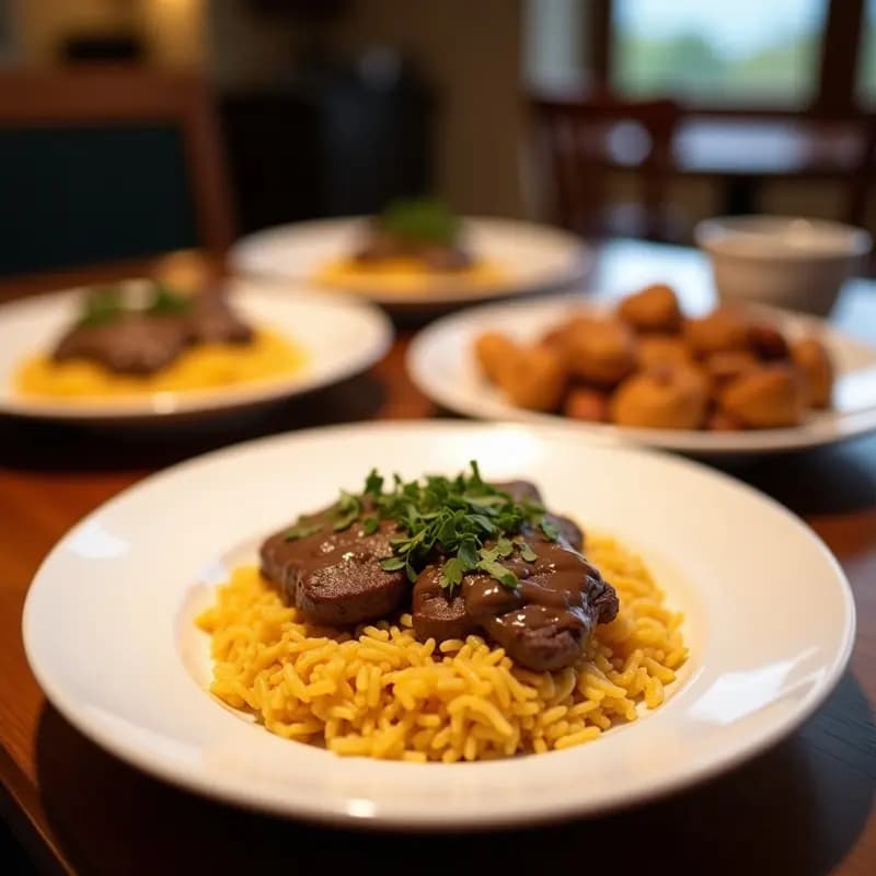Plato hondo de barro con Moro y Cristiano: arroz blanco suelto coronado con rodajas de morcilla de cebolla oscura, sofrito de pimiento y cebolla visible entre los granos. Fondo rústico de mesa de madera con servilleta de lino.