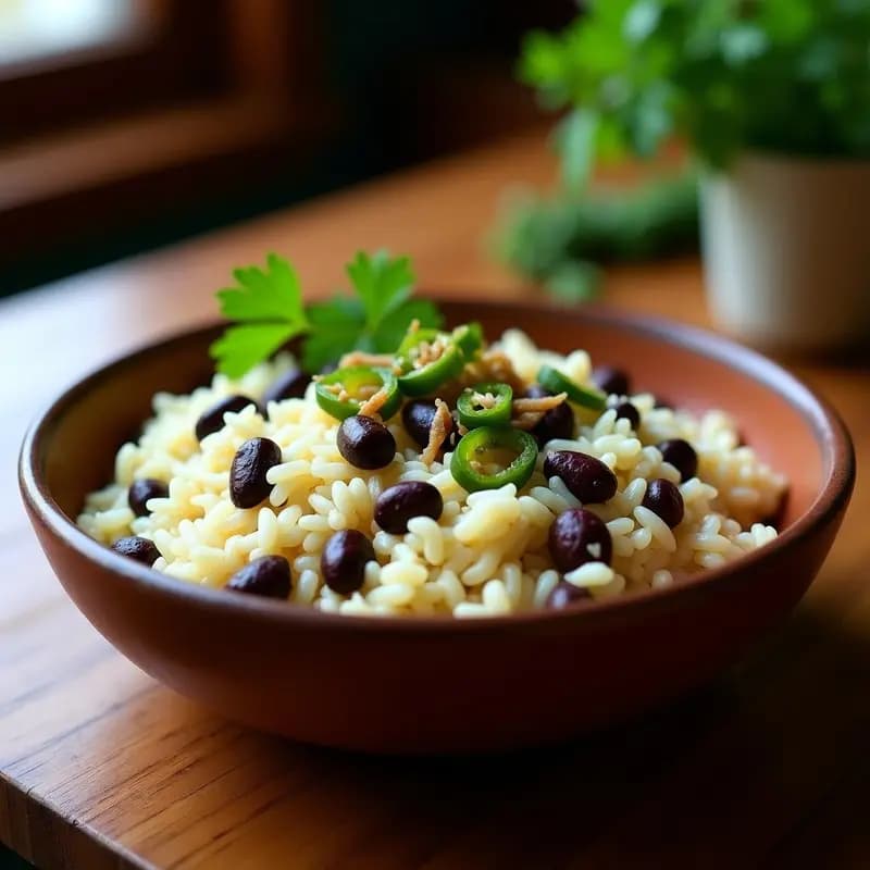 Plato hondo de barro con Moros y Cristianos: arroz blanco mezclado con alubias negras, decorado con trozos de cebolla y pimiento verde sofrito, estilo cubano-español.