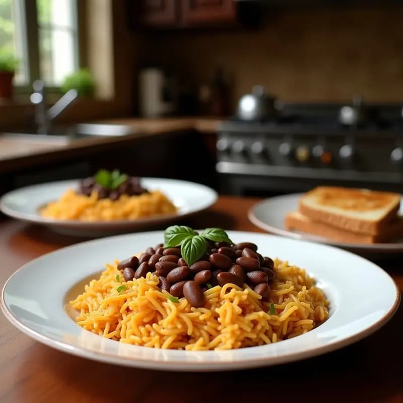 Plato hondo de barro con Moros y Cristianos Cubanos: arroz integral mezclado con frijoles negros, decorado con cilantro fresco y acompañado de rodajas de plátano maduro, receta tradicional saludable.