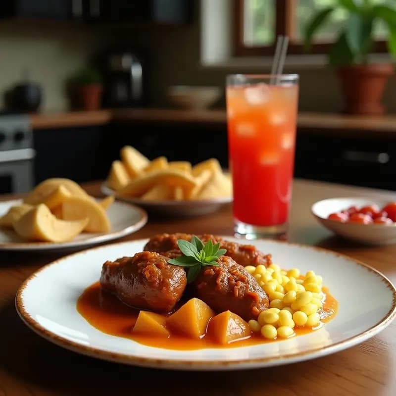 Plato hondo de barro con Moros y Cristianos cubanos: arroz blanco esponjoso cubierto por frijoles negros brillantes glaseados con Coca-Cola, decorado con cebolla morada en rodajas finas y un toque de perejil fresco. Fondo rústico de madera con una botella de Coca-Cola al lado.