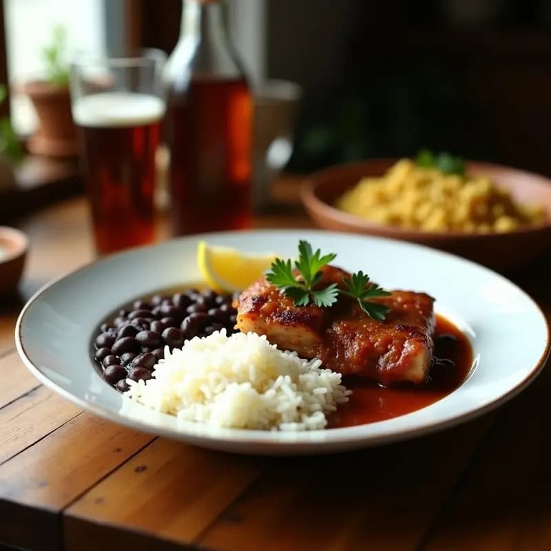 Plato hondo con Moros y Cristianos: arroz blanco y frijoles negros mezclados, acompañados de costillas de cerdo doradas y jugosas, cocinadas en olla lenta. Decorado con cilantro fresco.