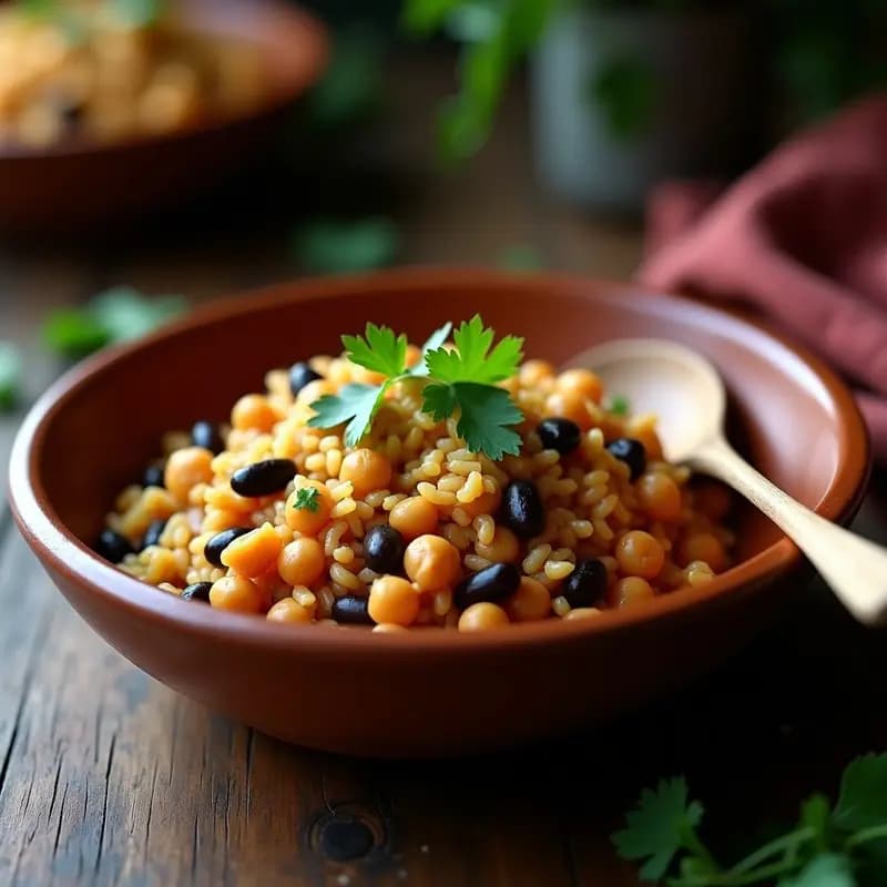 Plato hondo de barro con Moros y Cristianos de arroz integral y frijoles negros, bañados en un cocido espeso de garbanzos especiados con comino y pimentón ahumado. Decorado con cilantro fresco picado y servido con una cuchara de madera sobre una mesa rústica de madera oscura.