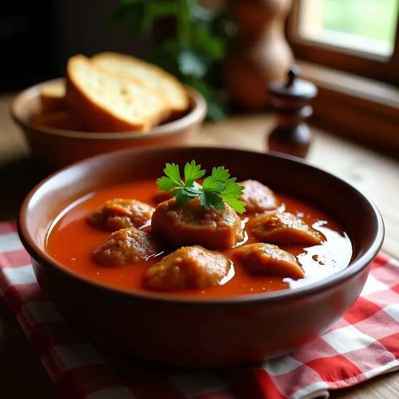 Plato hondo de barro con morros con tomate, guiso de callos de ternera en salsa espesa de pan y pimentón, decorado con una ramita de perejil fresco y acompañado de rebanadas de pan rústico para mojar.