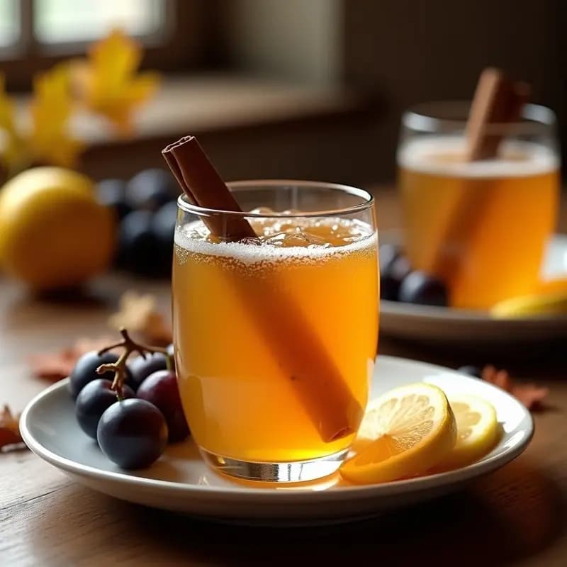Vaso de cristal transparente lleno de mosto de uva casero sin alcohol, con un tono dorado oscuro y burbujas finas, decorado con una ramita de canela y rodajas de limón. Al fondo, uvas negras y blancas frescas sobre una mesa rústica de madera, con hojas de otoño y luz cálida.