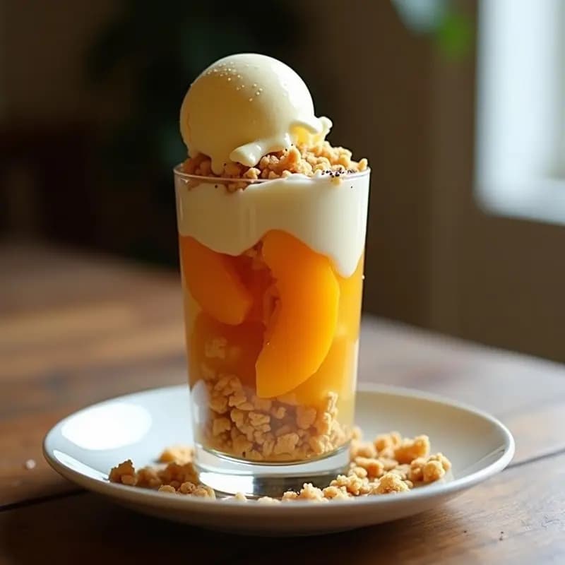 Vaso alto transparente con capas de mote con huesillo chileno frío, duraznos deshidratados dorados y helado de lúcuma cremoso color amarillo, decorado con semillas de chía. Postre tradicional con toque moderno.