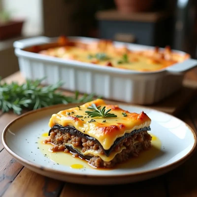 Moussaka griega tradicional en fuente rectangular de barro, con capas visibles de berenjena asada, guiso de cordero especiado y bechamel sin lactosa dorada al horno, decorada con orégano fresco.