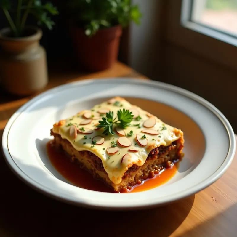 Moussaka Egipcia tradicional en molde de barro, con capas visibles de berenjena asada, carne de cordero especiada y bechamel de ajo dorada, servida en porción con cilantro fresco espolvoreado.