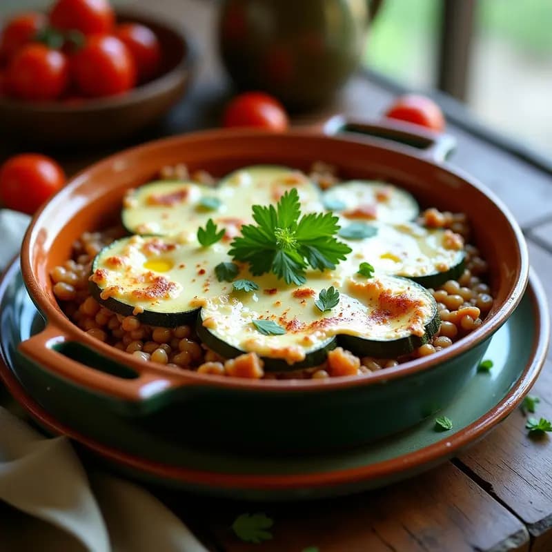 Moussaka griega vegana sin berenjena, con láminas doradas de calabacín, capas de lentejas especiadas y bechamel cremosa de anacardos, servida en fuente de barro con perejil fresco y aceite de oliva.