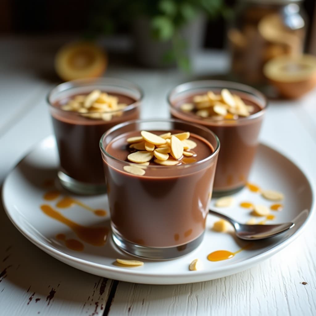 Copas de cristal transparente con mousse de aguacate y cacao, color marrón oscuro, decorada con almendras fileteadas y un hilo de sirope de yacón. Postre peruano sin azúcar, cremoso y saludable, sobre fondo blanco con textura rústica.