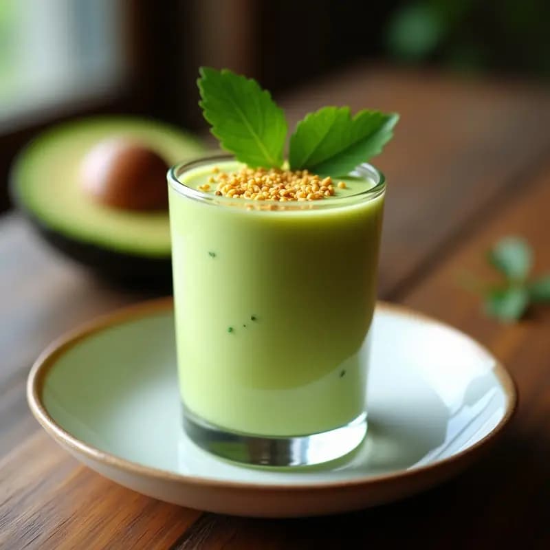 Copa de cristal transparente con mousse de aguacate y cilantro de color verde claro, coronada con crujiente de sacha inchi dorado y una hoja de cilantro fresco. Postre peruano sin lácteos, cremoso y saludable.