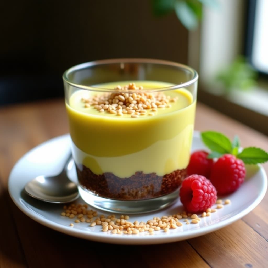 Mousse de aguacate y cúrcuma en copa de cristal transparente con base de cacao crujiente, decorada con semillas de ajonjolí y coco rallado, postre colombiano sin azúcar.