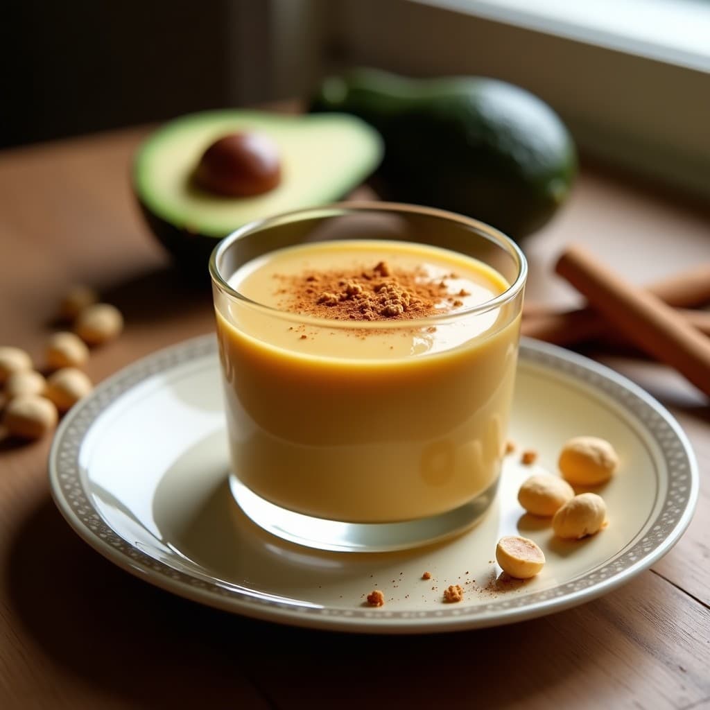Copa de cristal transparente con mousse de aguacate y lúcuma, decorada con cacahuetes triturados y una pizca de canela, postre andino sin azúcar sobre fondo rústico de madera.