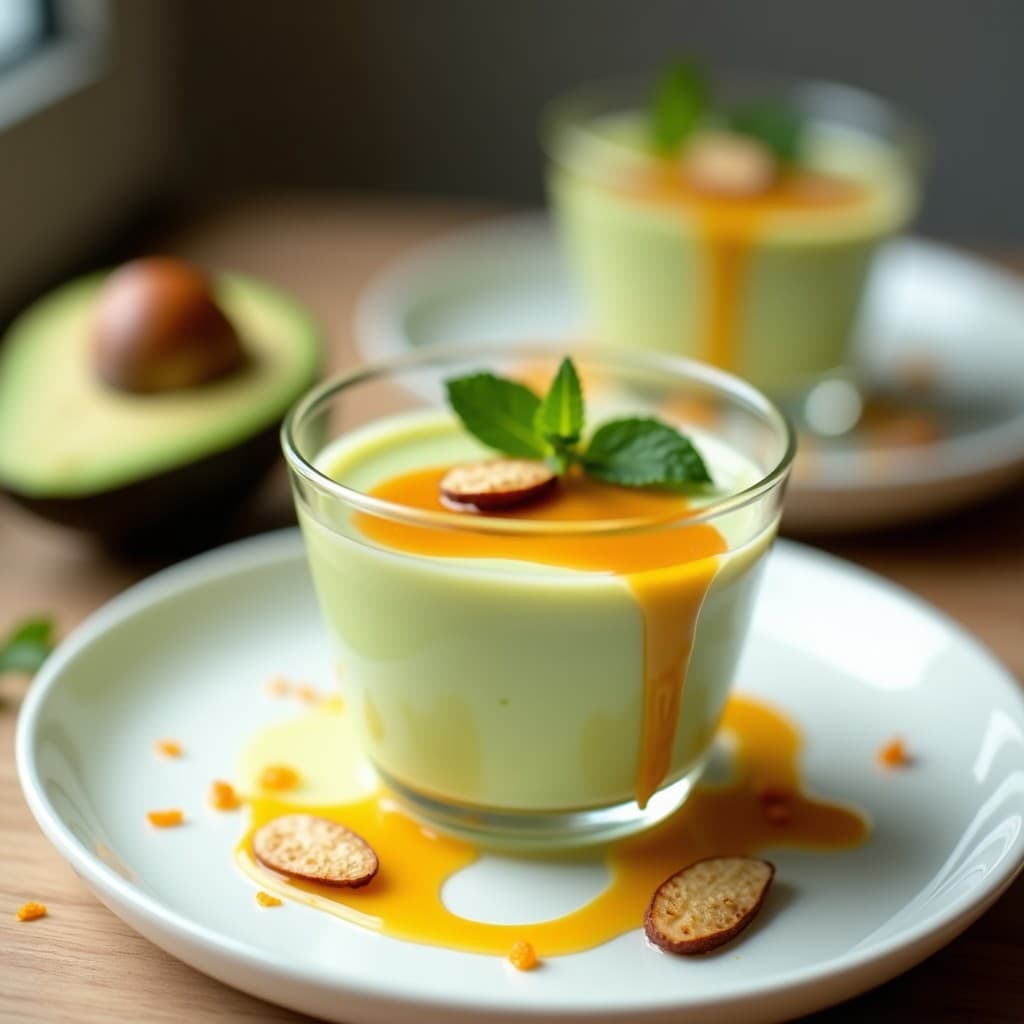 Copa de cristal transparente con mousse de aguacate y maracuyá de color verde claro, coronada con salsa de tamarindo dorada y almendras fileteadas. Plato blanco de fondo con hojas de menta como decoración. Postre colombiano sin lácteos.