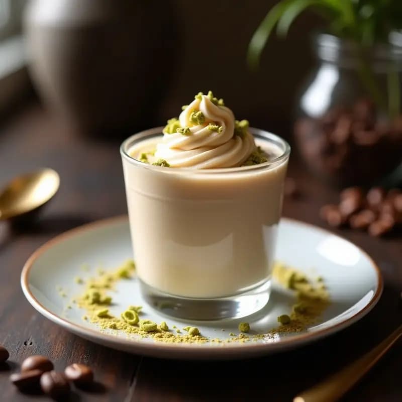 Mousse de café de cascara y cardamomo en copa de cristal transparente, con textura aireada y color crema suave, decorada con una pizca de cardamomo molido y virutas de coco tostado sobre fondo rústico de madera oscura.