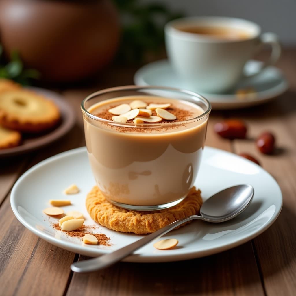 Copa de cristal con mousse de café y dátiles de color marrón claro, base crujiente de galletas de almendra doradas, decorada con almendras fileteadas y un toque de canela en polvo, postre sin lactosa y energizante.