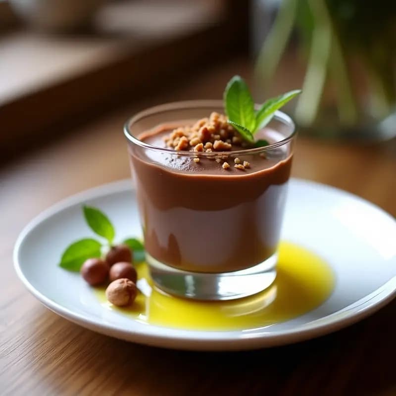 Copa de cristal transparente con mousse de chocolate oscuro y avellanas, coronada con trozos de avellana tostada y un hilo dorado de aceite de oliva. Postre francés keto elegante y cremoso.