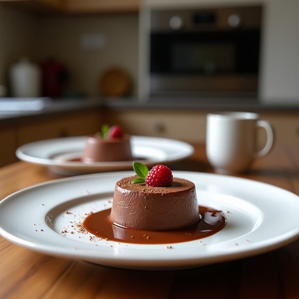 Copa de cristal transparente con mousse de chocolate vegano con aquafaba, textura sedosa y color intenso, decorada con almendras fileteadas y virutas de cacao. Postre sin azúcar y sin lácteos sobre fondo blanco.