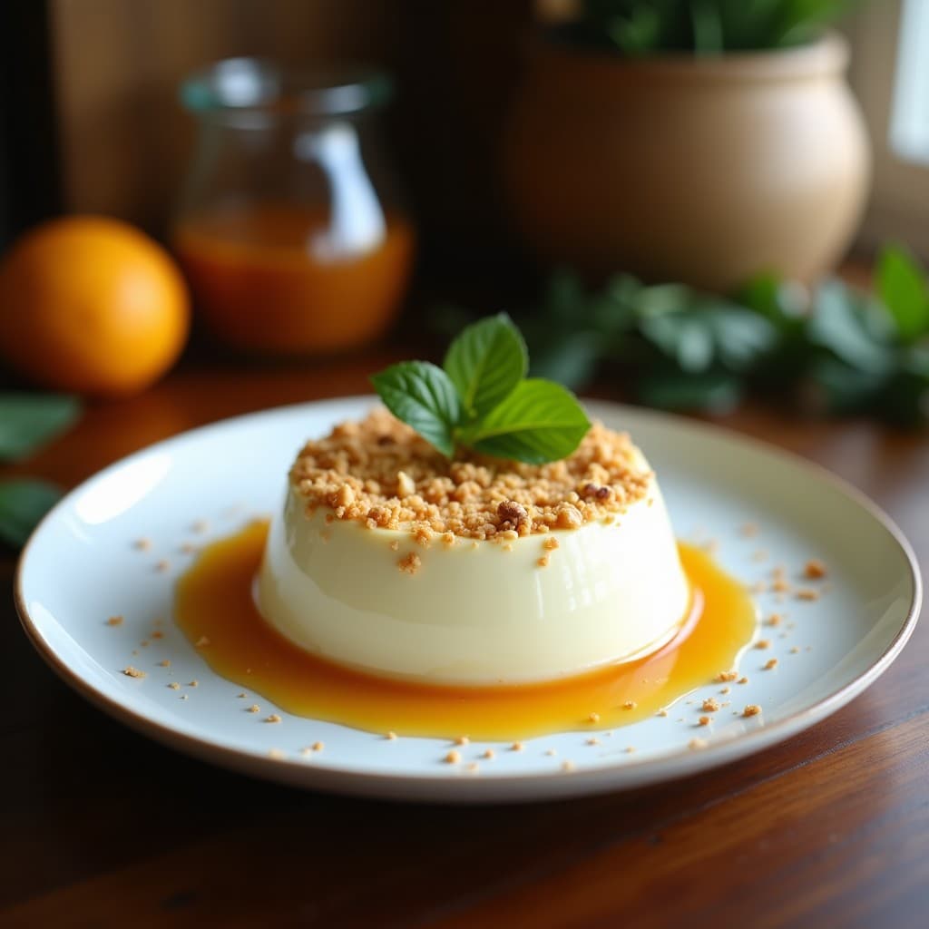 Copa de cristal transparente con mousse cremosa de guanábana y coco, coronada con crujiente dorado de almendras y coco rallado. Fondo con hojas de plátano y una rodaja de limón, iluminación natural que resalta los colores tropicales del postre caribeño vegano sin horno.