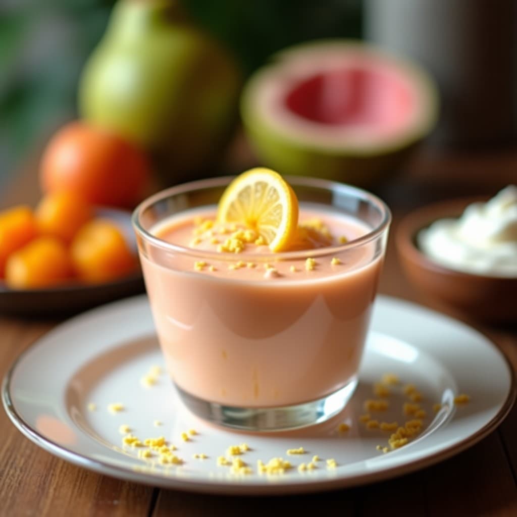 Copa de cristal con mousse de guayaba y queso de albaricoque keto, textura aireada y color rosado pálido, decorada con ralladura de limón y una rodaja fina de guayaba fresca. Fondo borroso con ingredientes como pulpa de guayaba y albaricoques secos.