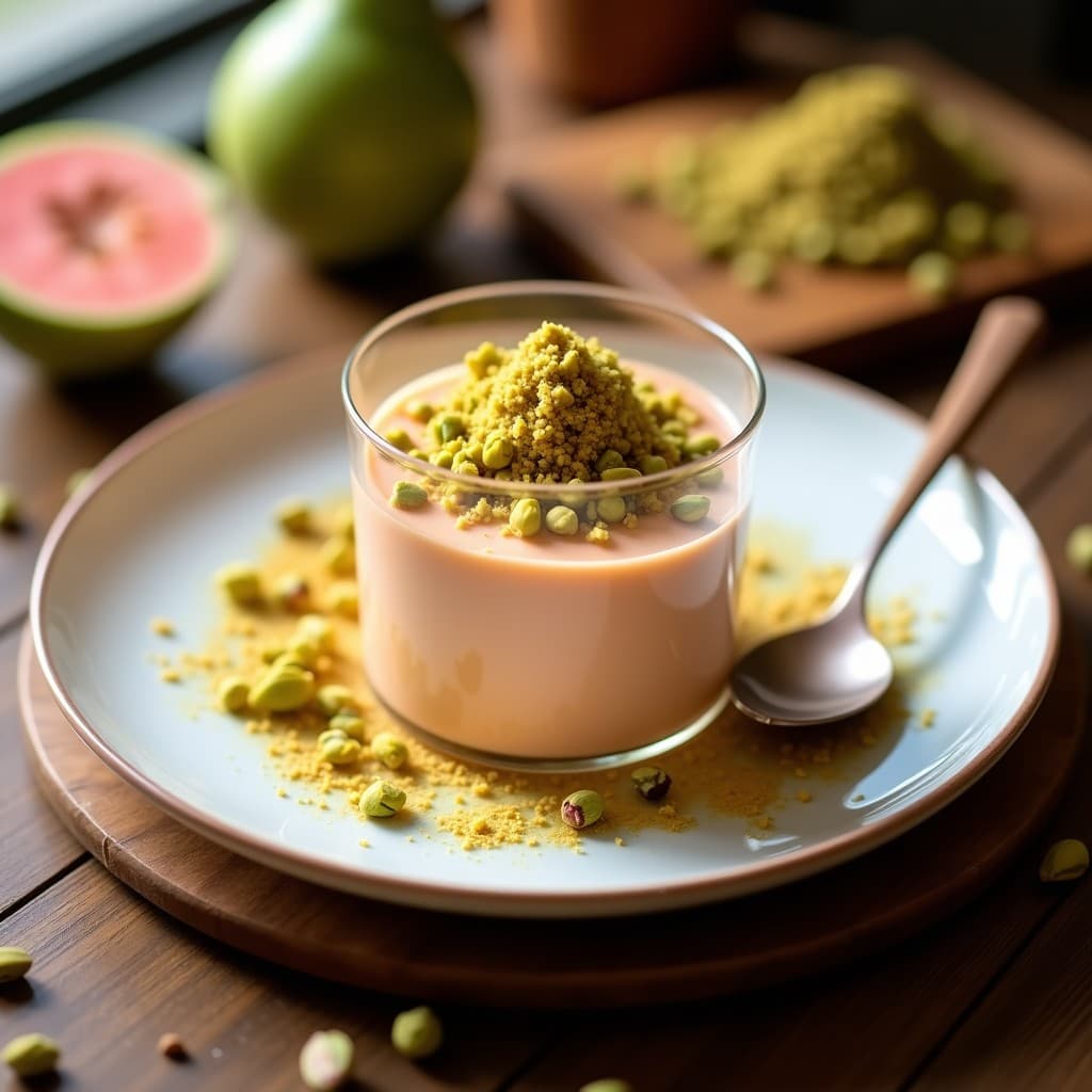 Copa de cristal transparente con mousse cremosa de color rosado claro, coronada por un crumble dorado de pistacho y coco. Al fondo, rodajas de guayaba fresca y hojas de menta sobre una mesa de madera rústica. Postre brasileño sin azúcar, elegante y saludable.