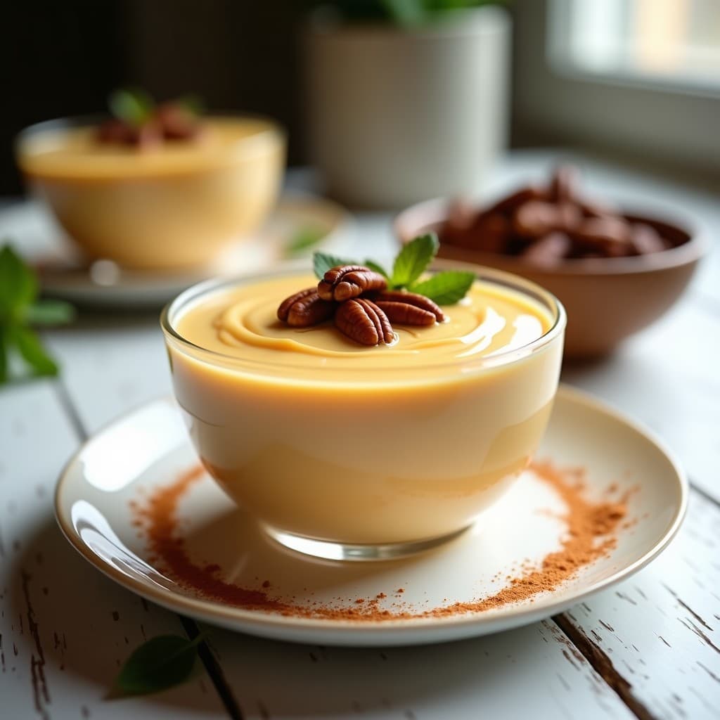 Copa de cristal transparente con mousse de guayaba y queso cremoso, coronada con nueces pecanas tostadas y un espolvoreado de canela, sobre fondo blanco rústico con hojas de menta.