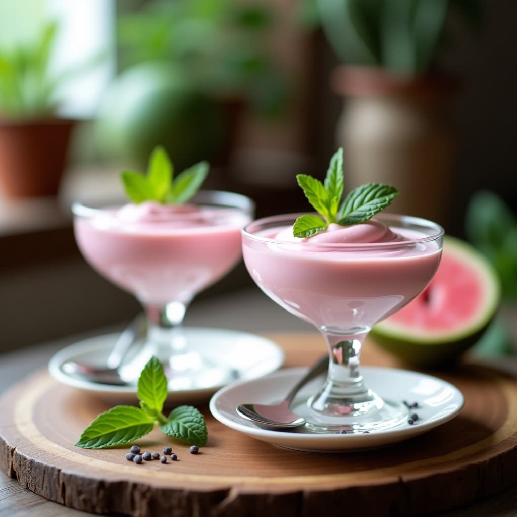 Copas de cristal transparente con mousse de guayaba y yogur vegetal sin lácteos, textura cremosa y aireada, decorada con hojas de menta y semillas de chía. Postre colombiano fresco y colorido.