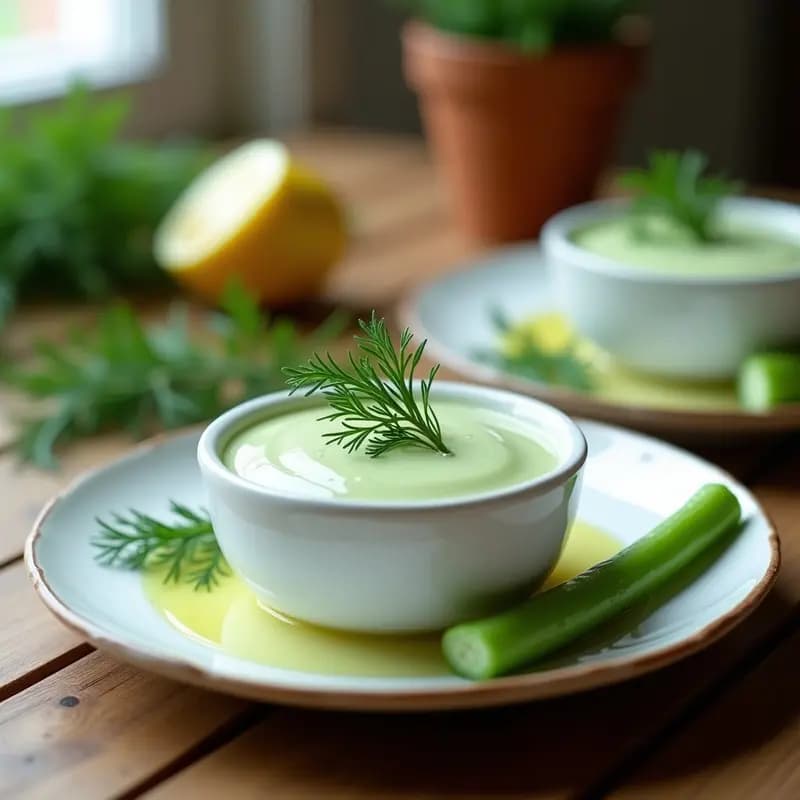 Mousse cremosa de color blanco verdoso en cuenco de cerámica blanca, decorada con ramitas de eneldo fresco y rodeada de bastones de pepino y apio. Aperitivo alemán keto fresco y ligero.