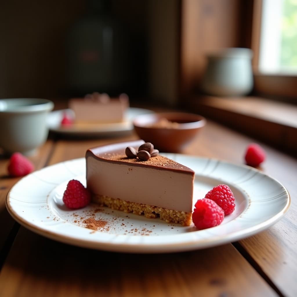 Porción de mousse de lúcuma y cacao sobre base dorada de galletas de quinoa, con textura aireada y decoración de virutas de cacao. Postre peruano sin azúcar en plato blanco rústico.