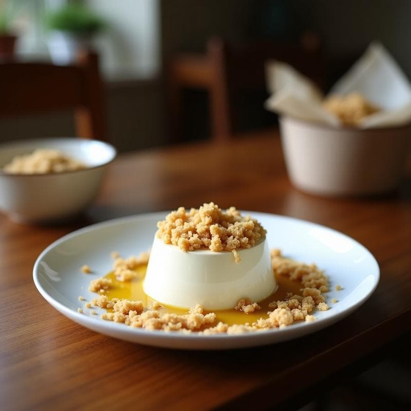 Copa de cristal transparente con mousse de lucuma y coco de color amarillo cremoso, espolvoreada con coco rallado blanco y crumbles dorados de macadamia. Postre peruano keto sin azúcar, servido sobre una mesa de madera rústica con hojas de menta como decoración.
