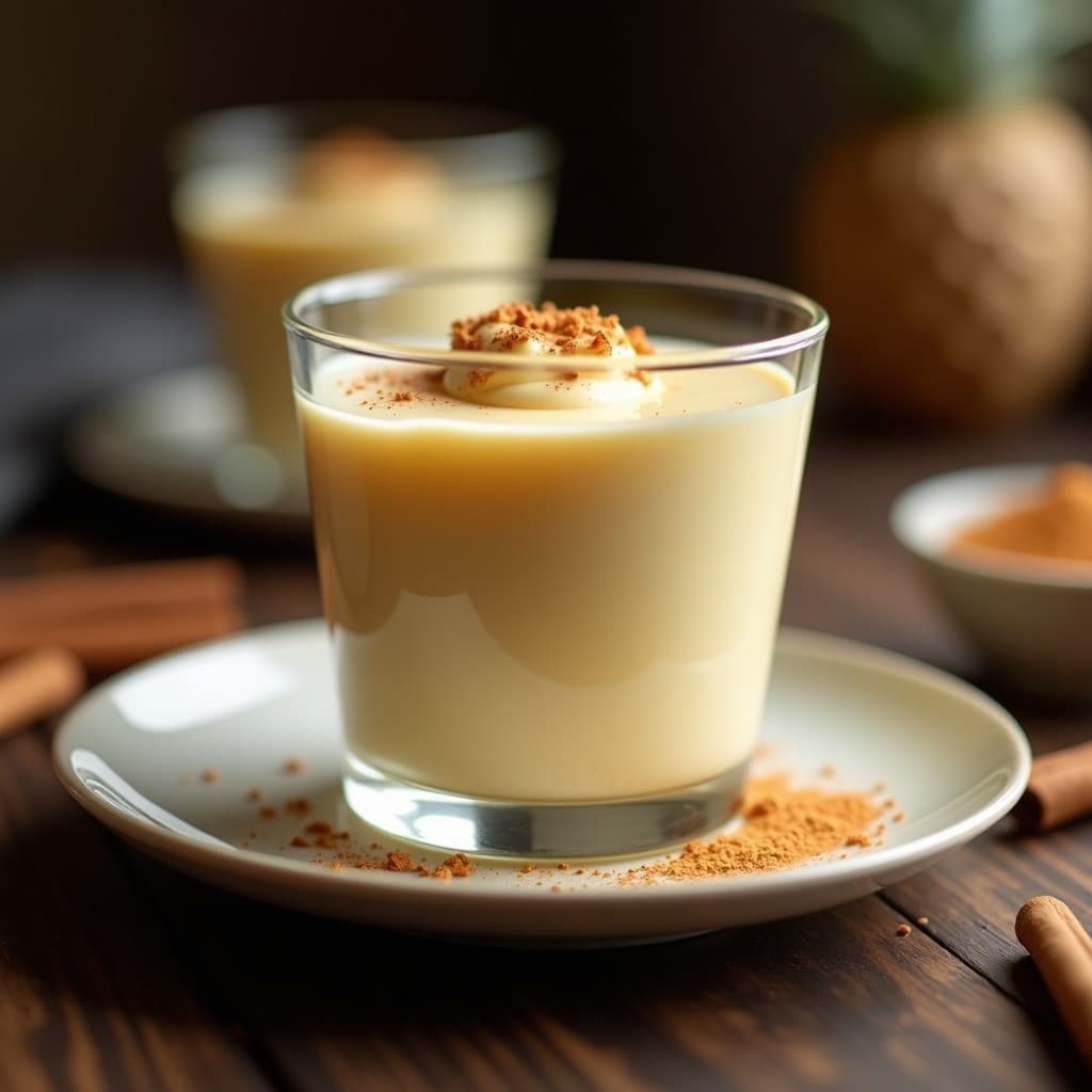 Copa de cristal transparente con mousse de lúcuma y queso mascarpone sin azúcar, textura sedosa y color crema dorado, decorada con canela en polvo y virutas de coco, sobre fondo rústico de madera oscura.
