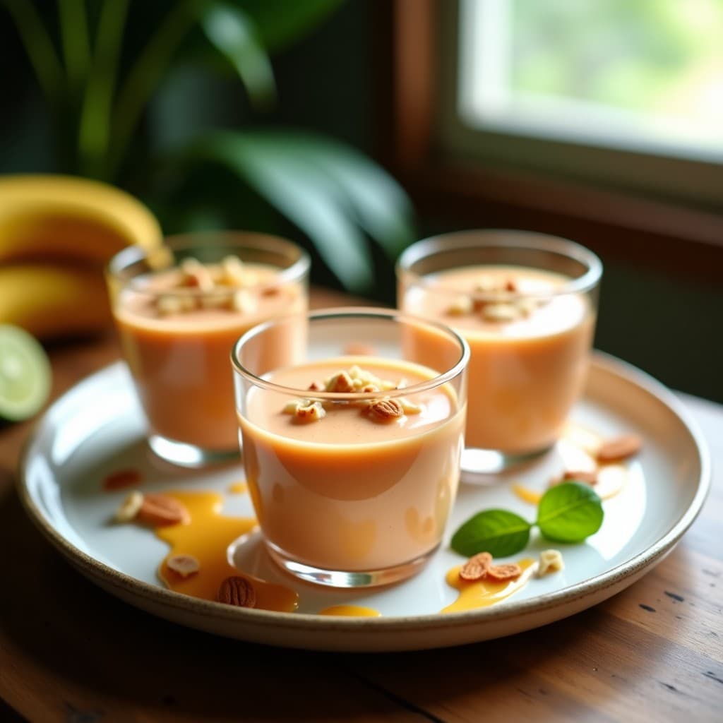 Copas de cristal transparente con mousse de mamey sapote y chocolate blanco vegano, decoradas con almendras fileteadas tostadas y un hilo de jugo de limón, sobre un fondo de madera rústica con hojas de plátano. Postre cubano sin azúcar y sin horno.
